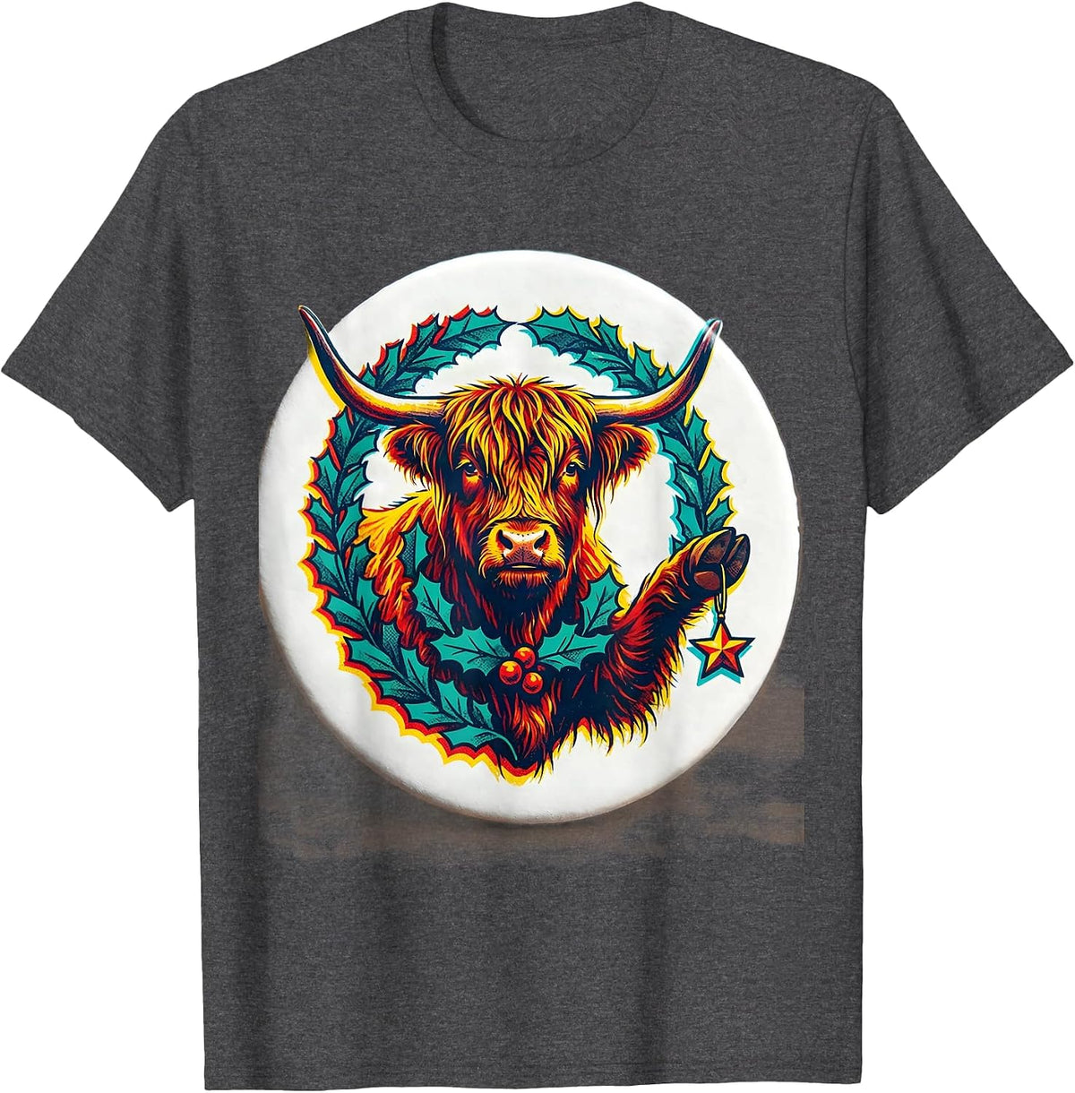 Men's Sealed Highland Cow Badge Risograph Whimsical Farm Humor T-Shirt - Dark Heather Grey