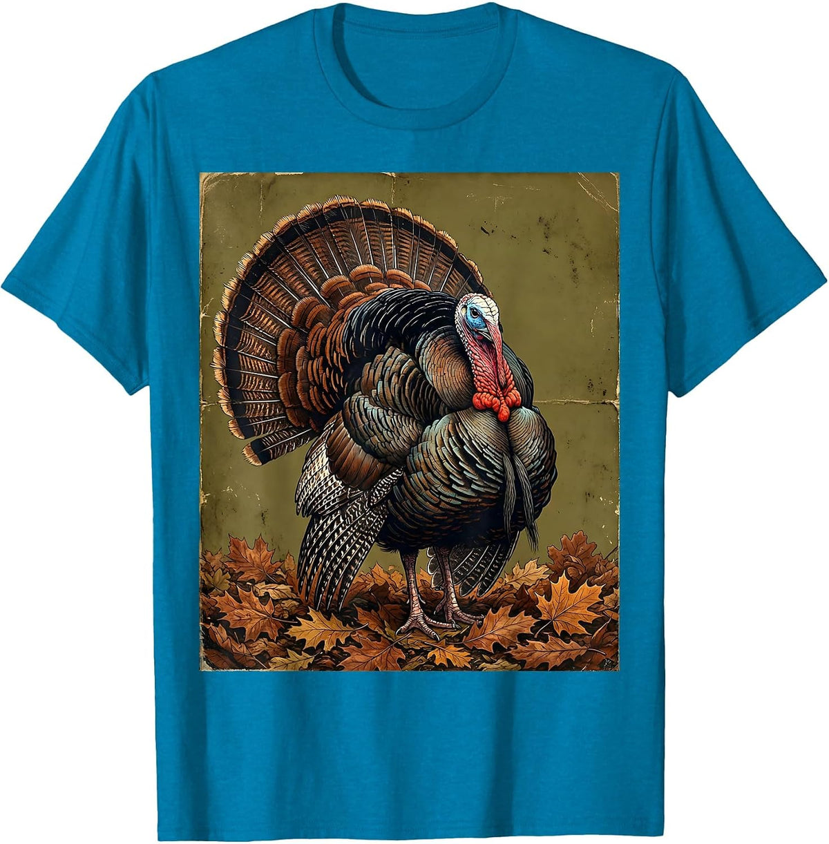 Camo Turkey Strutting Through Fallen Leaves T-Shirt - Sapphire Blue
