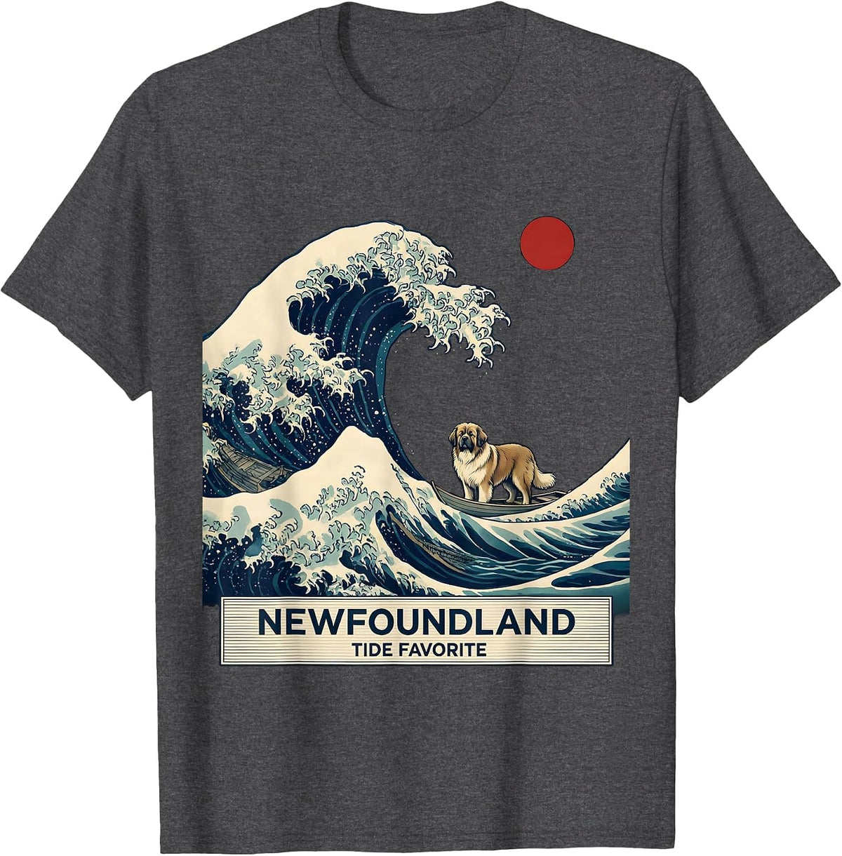 Newfoundland Tide Favorite Ukiyo-e Animal Surfing Breed T-Shirt - Dark Heather Grey