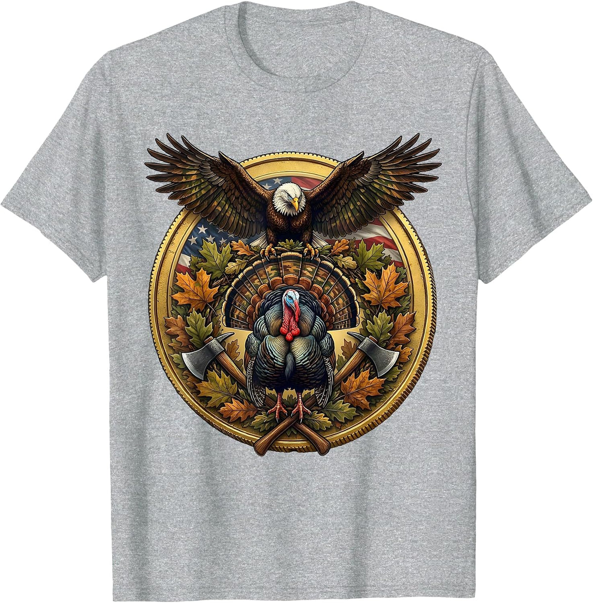 Men's Turkey Strutting Camo Leaf Scatter Hunting Design T-Shirt - Heather Grey