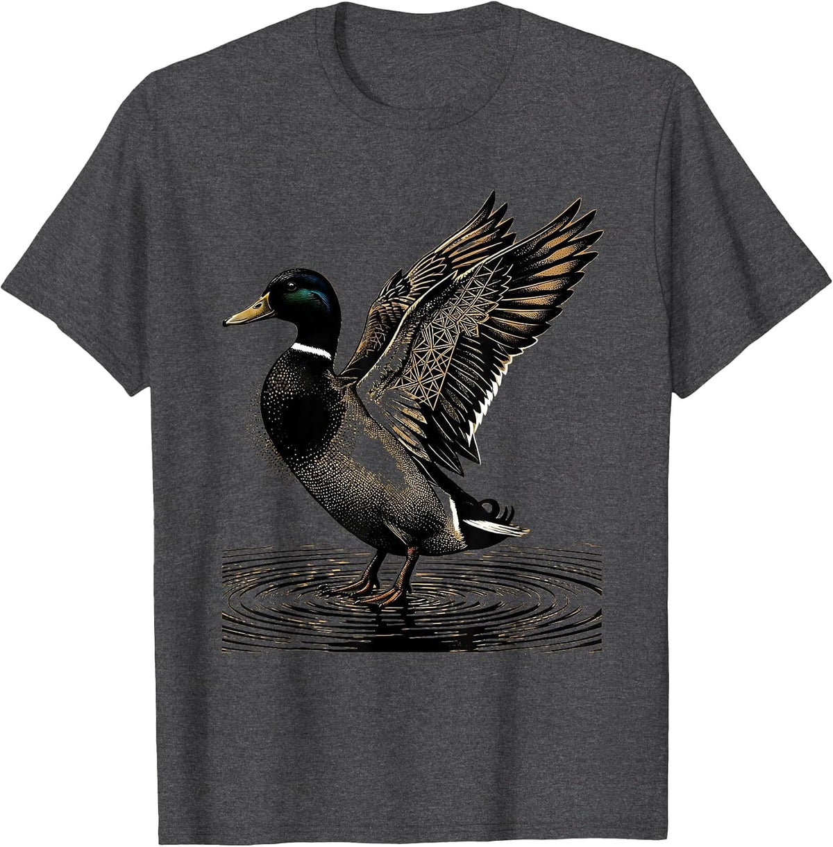 Men's Camo Mallard Duck Landing on Still Water T-Shirt - Dark Heather Grey