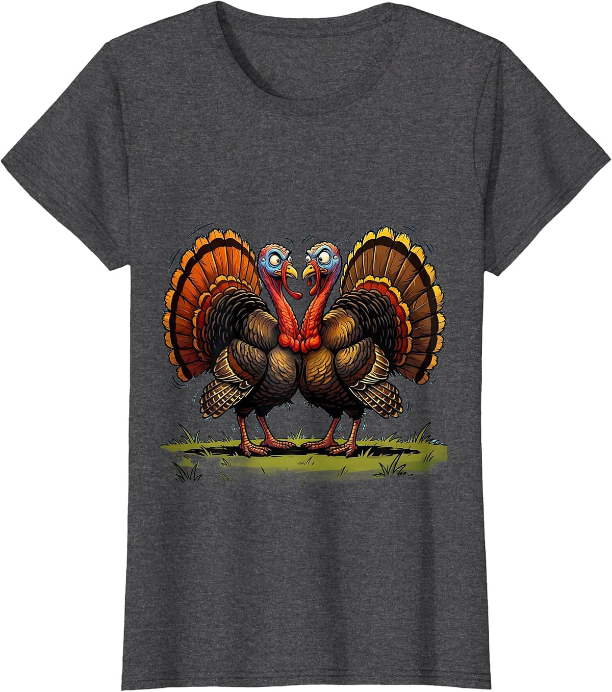 Women's Two Turkeys Face Off Standoff Illustration T-Shirt - Dark Heather Grey
