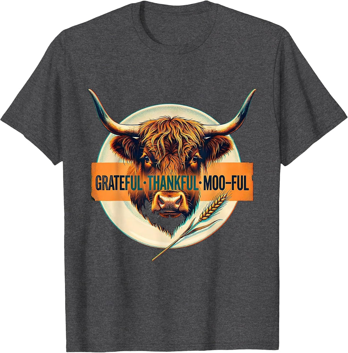 Men's Grateful Thankful Moo-ful Highland Cow Farm Animal T-Shirt - Dark Heather Grey