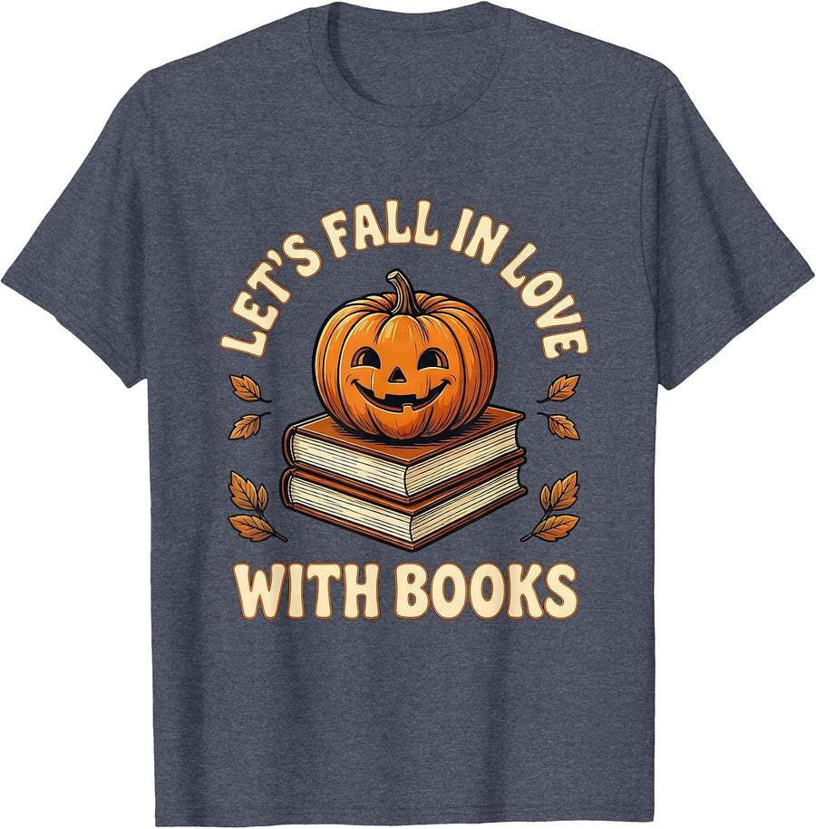 Let's Fall In Love With Books Cute Teacher Pumpkin Book T-Shirt - Heather Blue