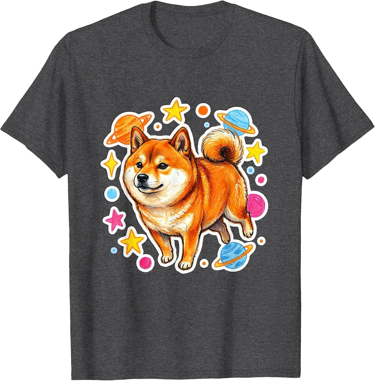 Shiba Inu Floating in Dotted Space Illustration T-Shirt - Dark Heather Grey
