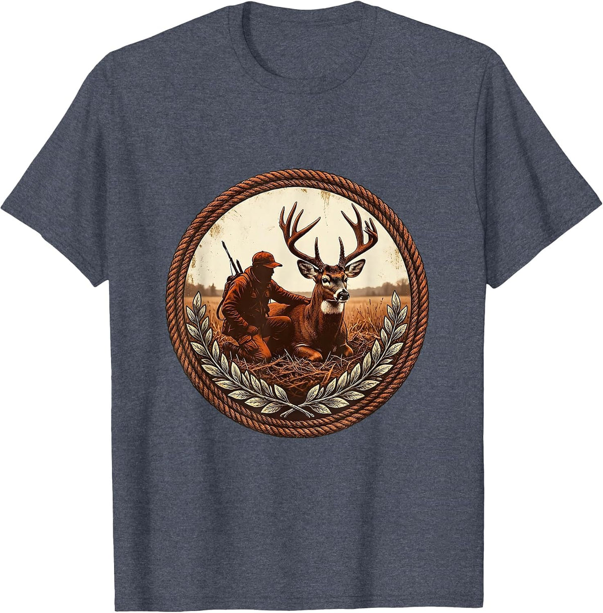 Hunter Kneeling With Harvested Whitetail Buck T-Shirt - Heather Blue