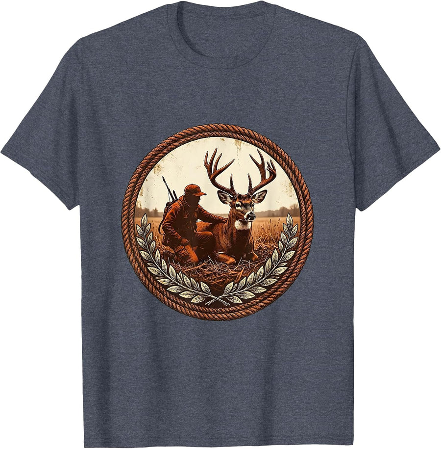 Hunter Kneeling With Harvested Whitetail Buck T-Shirt - Heather Blue