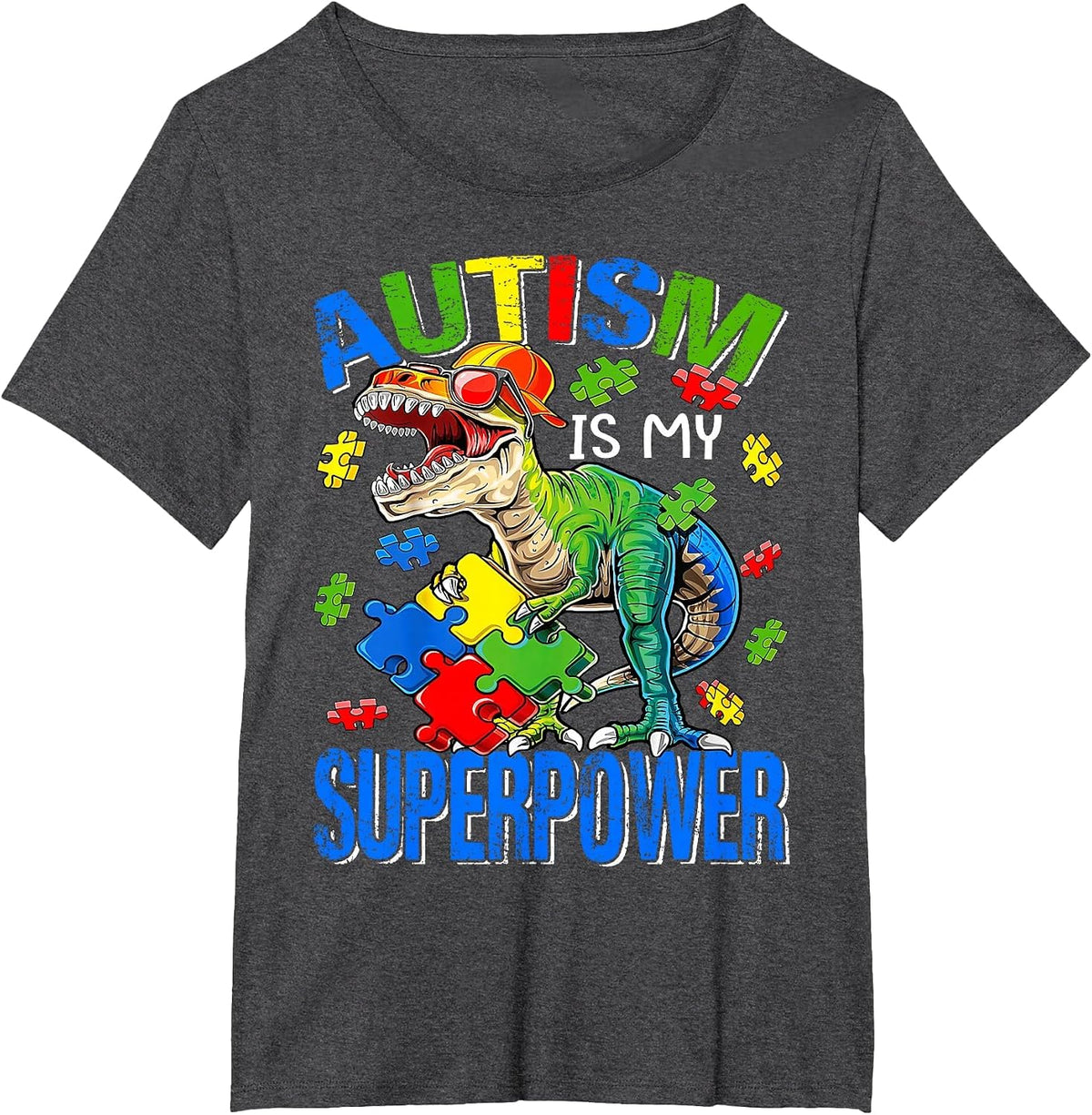 Autism is My Superpower Autism Awareness Dinosaur T Rex T-Shirt - Dark Heather Grey
