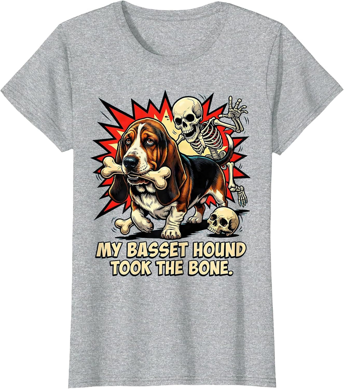 My Basset Hound Took the Bone Funny Skeleton Chasing Dog Mom T-Shirt - Heather Grey