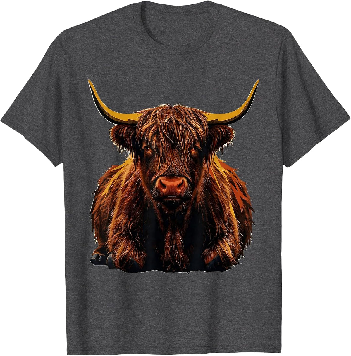 Men's Seated Highland Cow Screenprint Poster Cute Cow Lover T-Shirt - Dark Heather Grey
