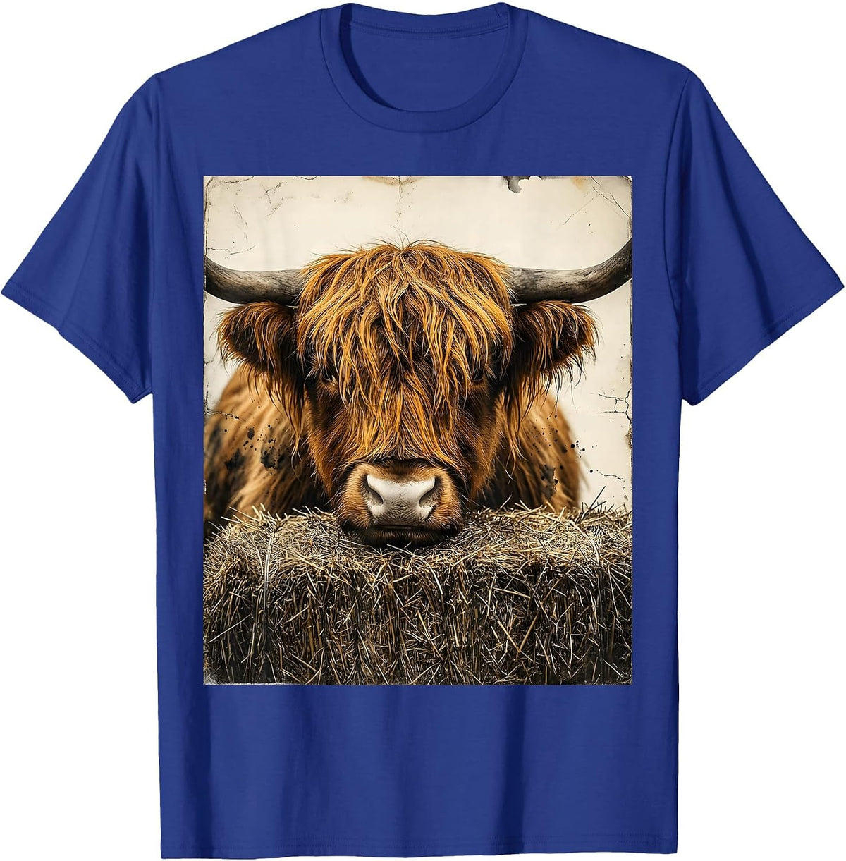 Shaggy Highland Cow Distressed Farm Animal Humor T-Shirt - Royal Blue