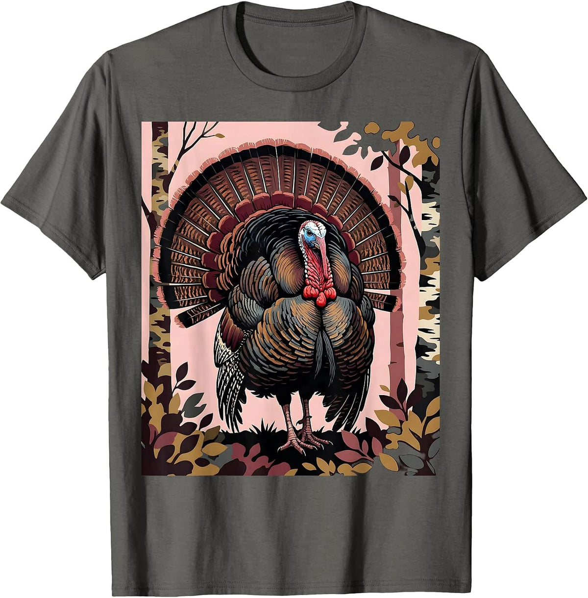 Men's Pink Camo Wild Turkey Strutting Forest Illustration T-Shirt - Asphalt Grey