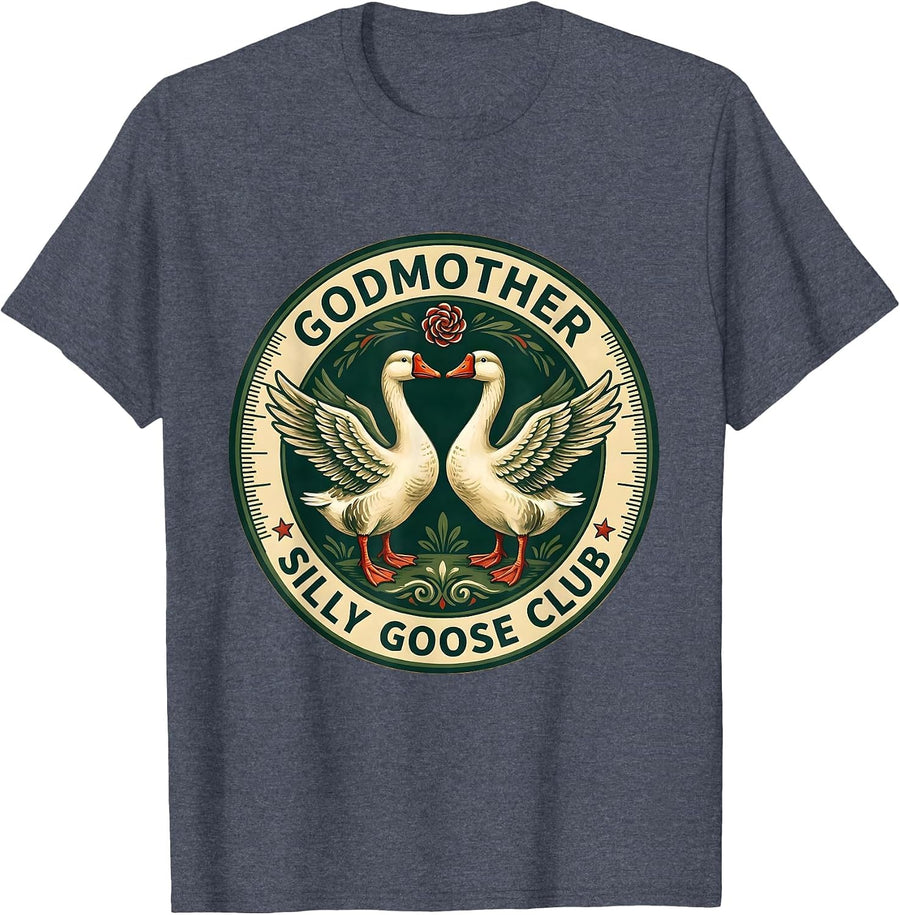 Godmother Silly Goose Club Funny Folk Art Animal Humor T-Shirt - Heather Blue