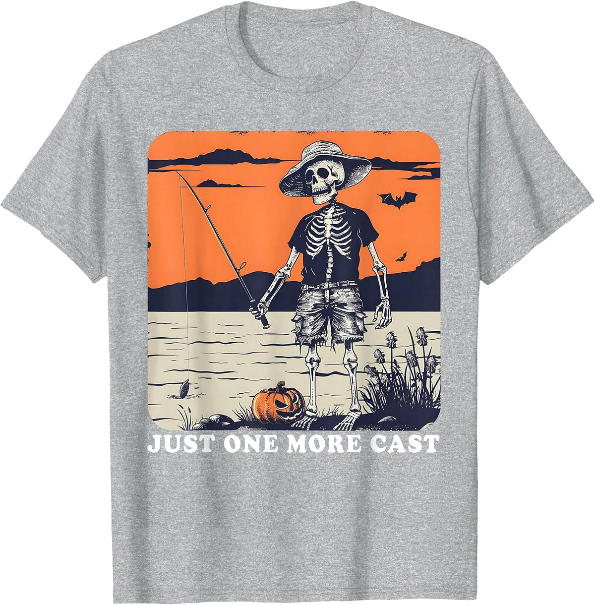 Funny Skeleton Fishing Tee Just One More Cast Quote T-Shirt - Heather Grey