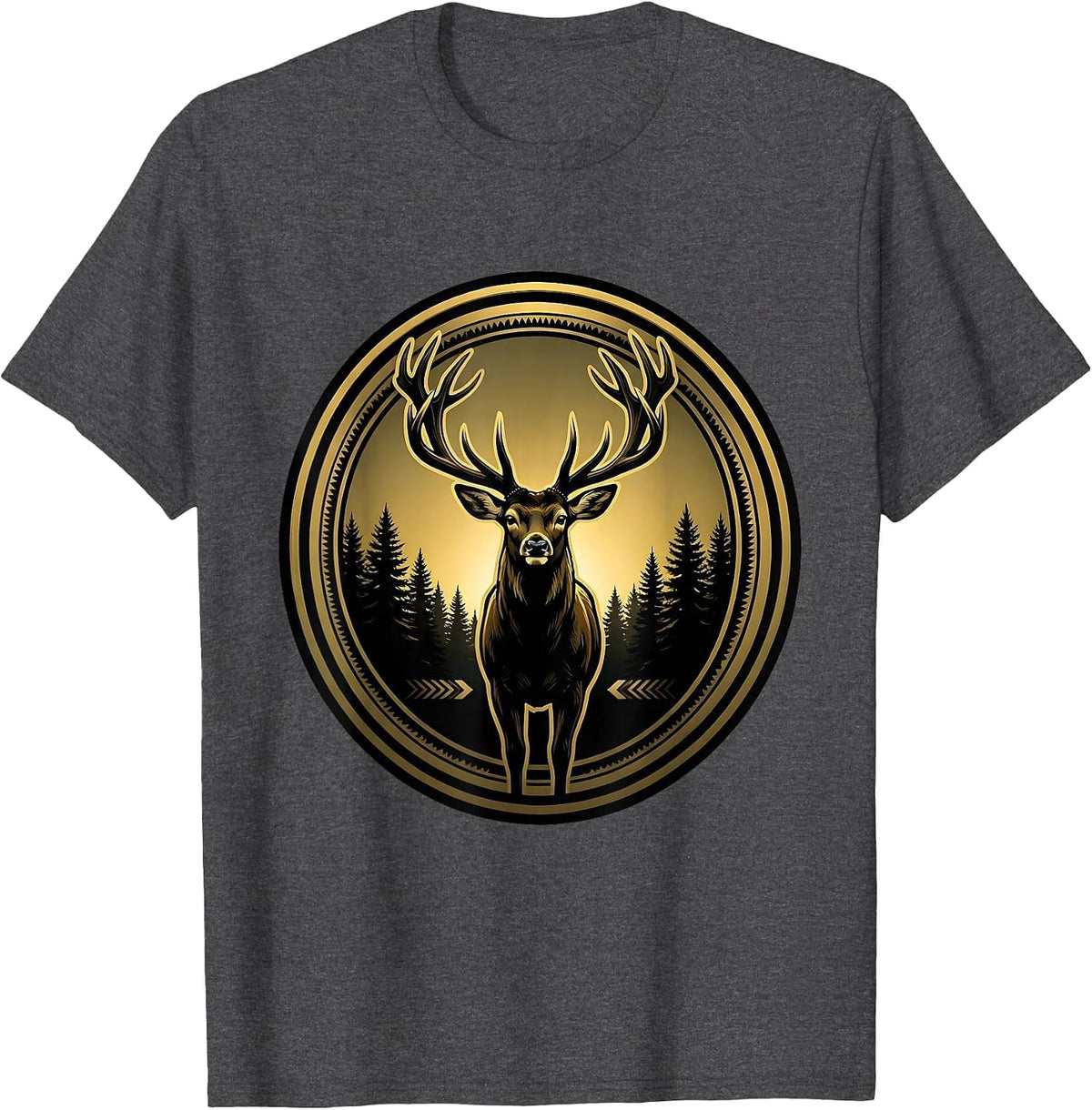 Buck Deer Silhouette Dawn Treeline Hunting Design T-Shirt - Dark Heather Grey