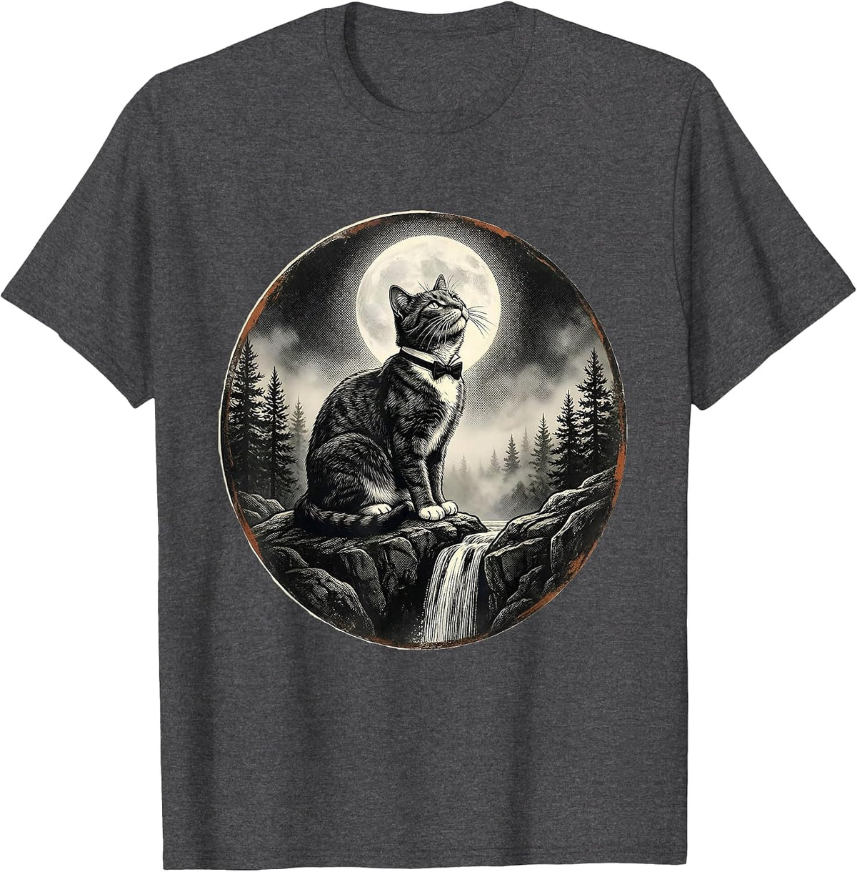 Men's Tuxedo Cat Howling at Moon Vintage Retro T-Shirt - Dark Heather Grey