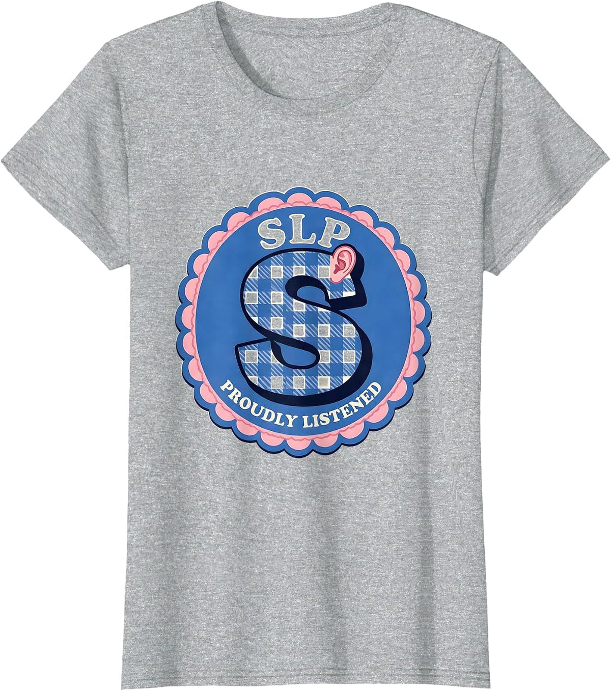 Women's SLP Proudly Listened Gingham Picnic Cute Speech Language T-Shirt - Heather Grey