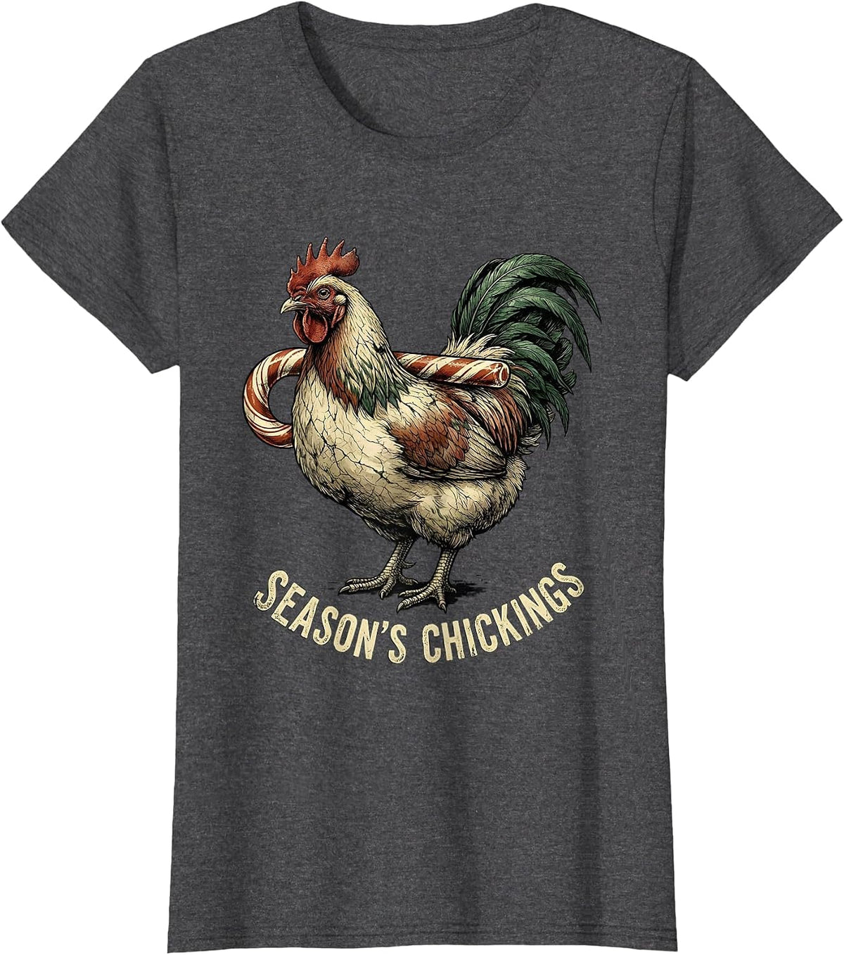 Women's Season's Chickings Distressed Chicken Lover Christmas Humor T-Shirt - Dark Heather Grey