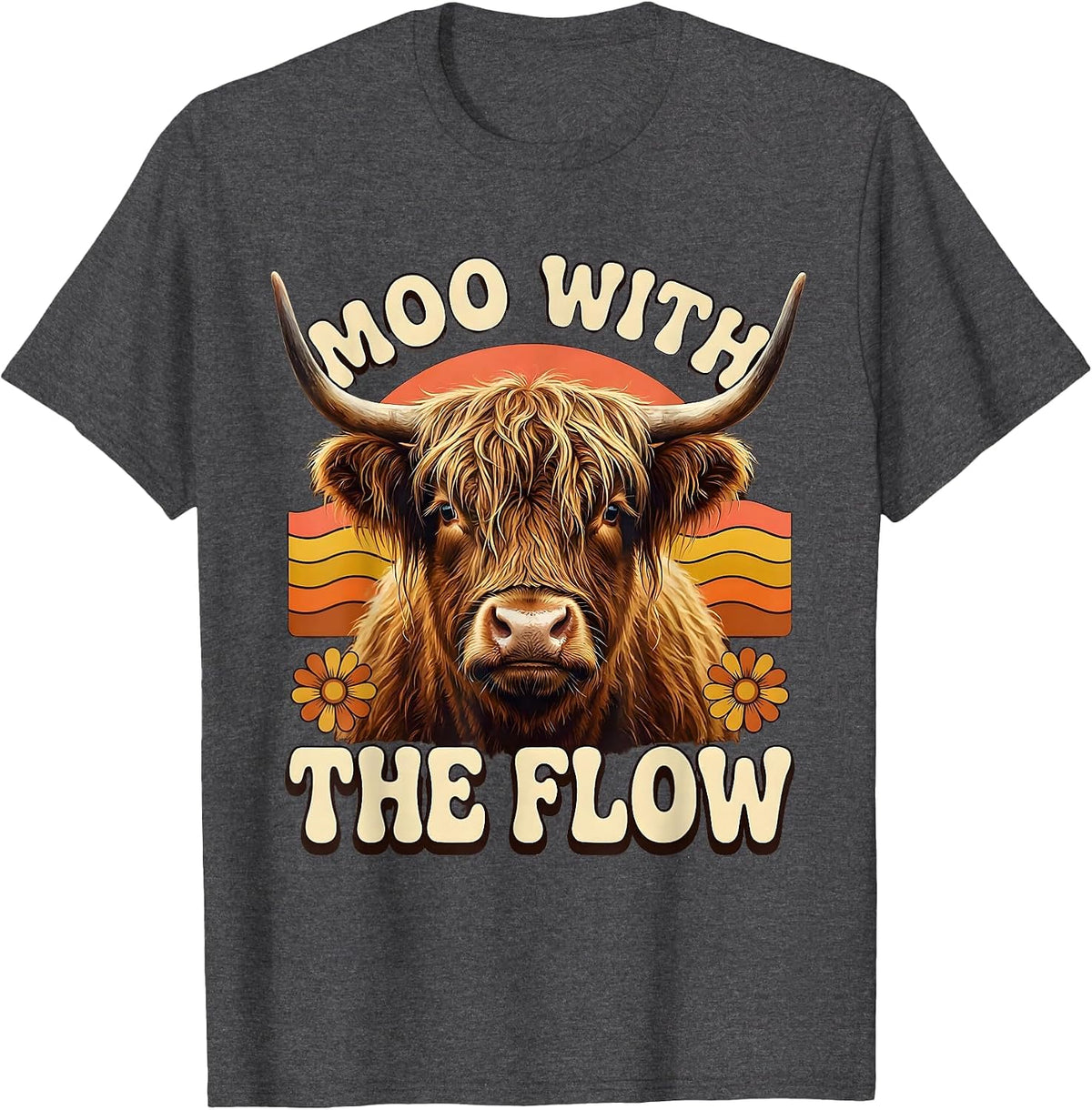 Moo With The Flow Retro 70s Highland Cow Farm Animal Humor T-Shirt - Dark Heather Grey