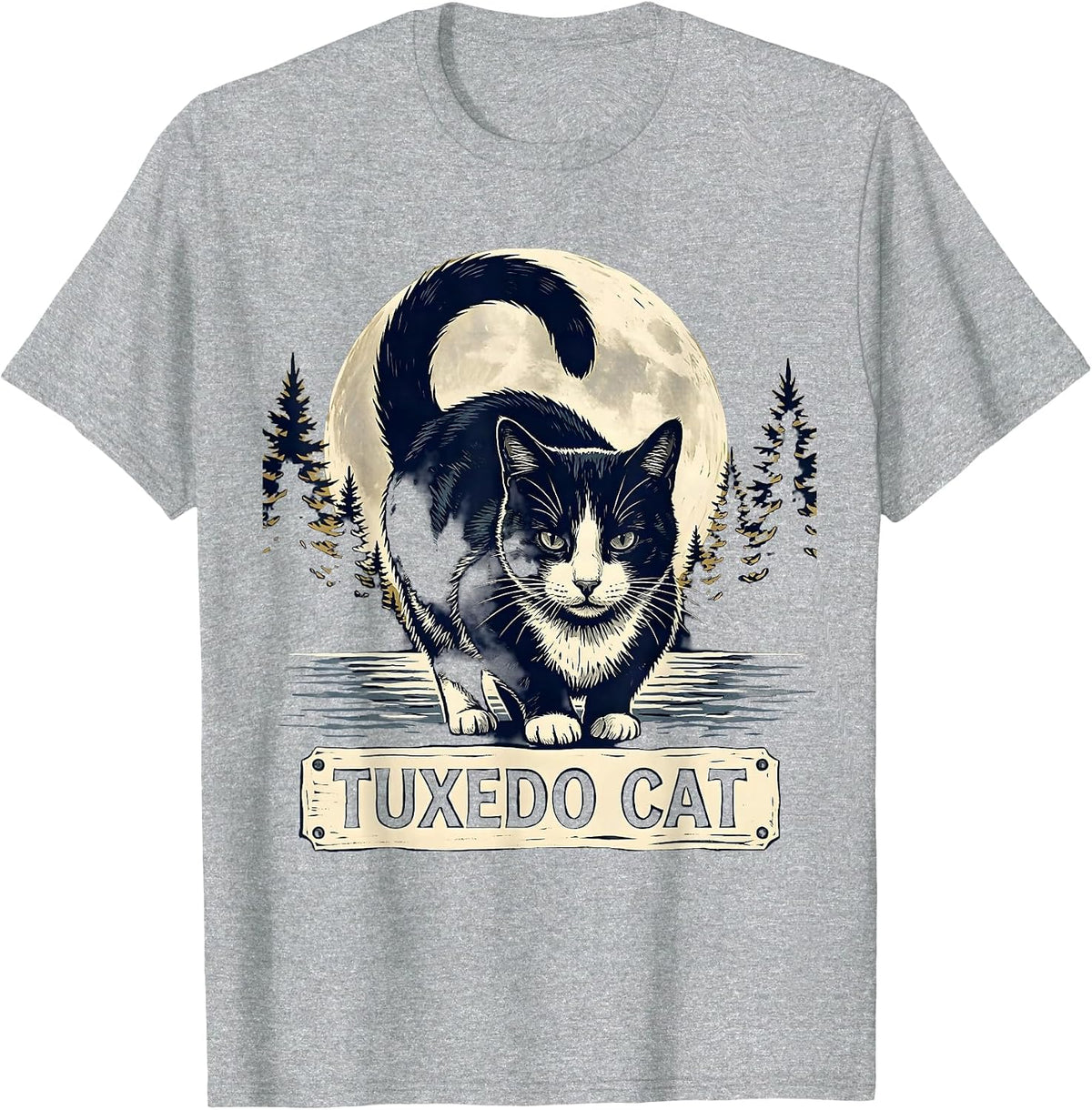 Men's Tuxedo Cat Linocut 90s Retro Moonlit Portrait T-Shirt - Heather Grey