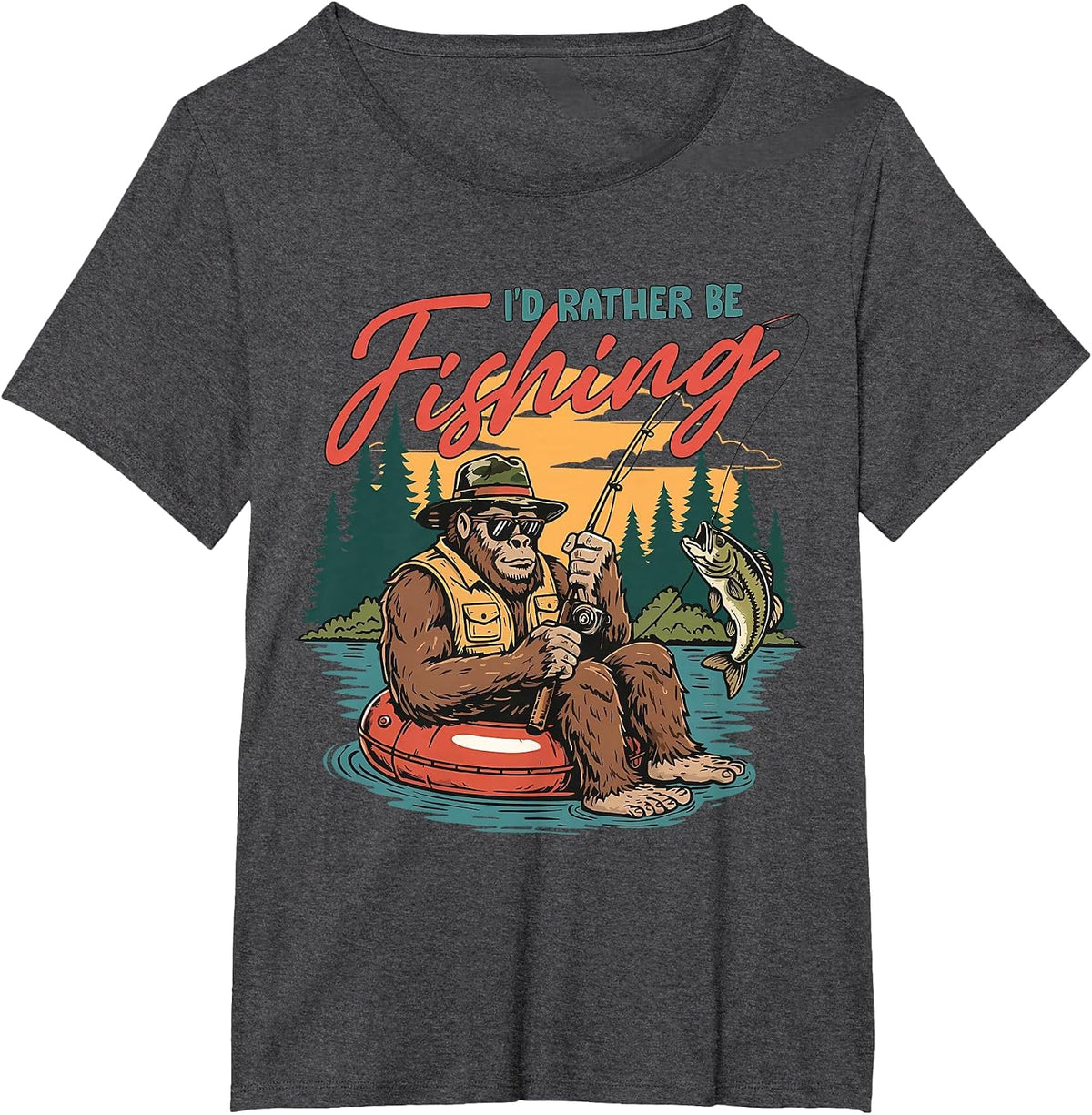 I’d Rather Be Fishing Bigfoot Funny Fisherman Sasquatch Bass T-Shirt - Dark Heather Grey