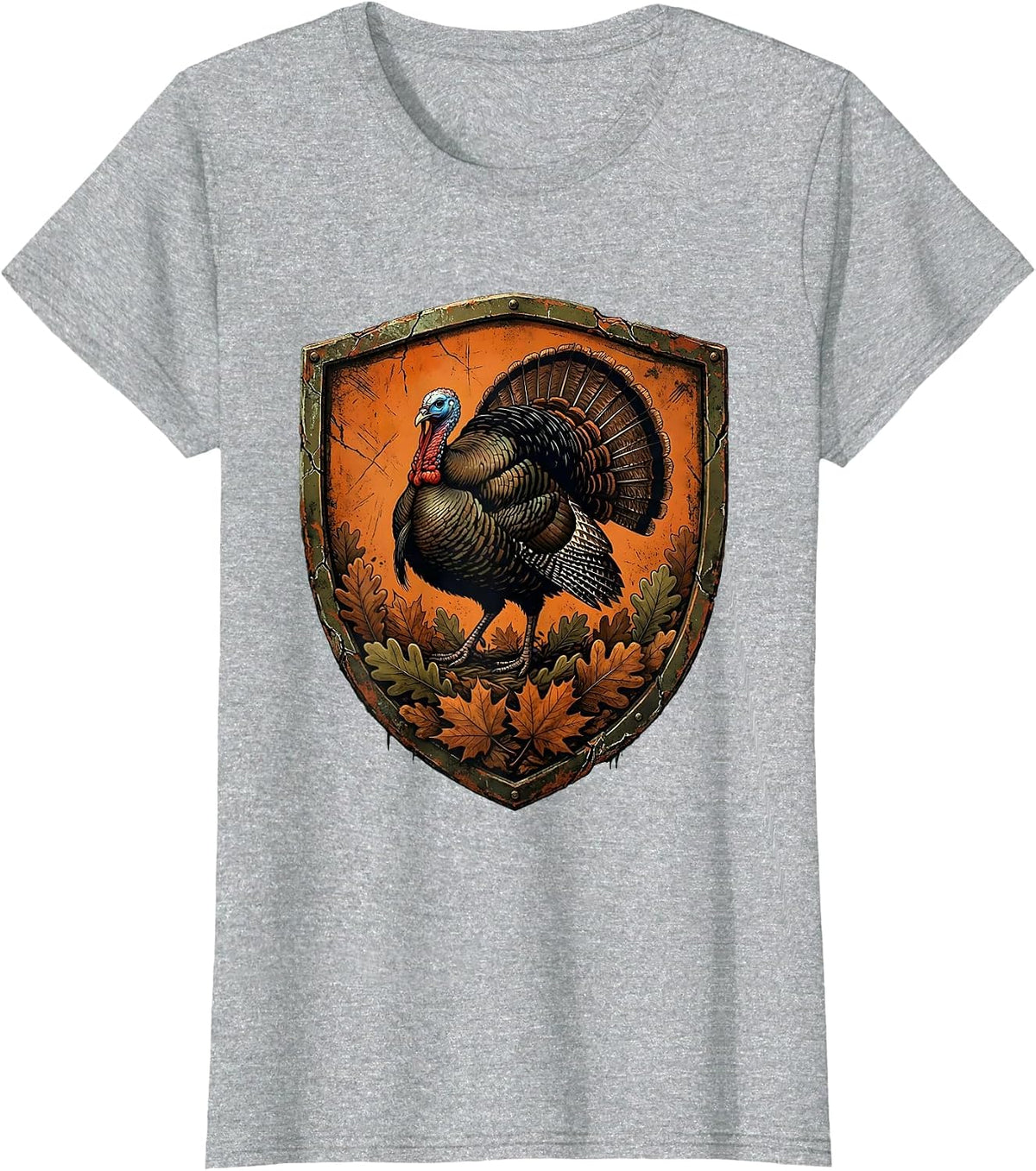 Women's Camo Turkey Striding Through Autumn Leaves T-Shirt - Heather Grey