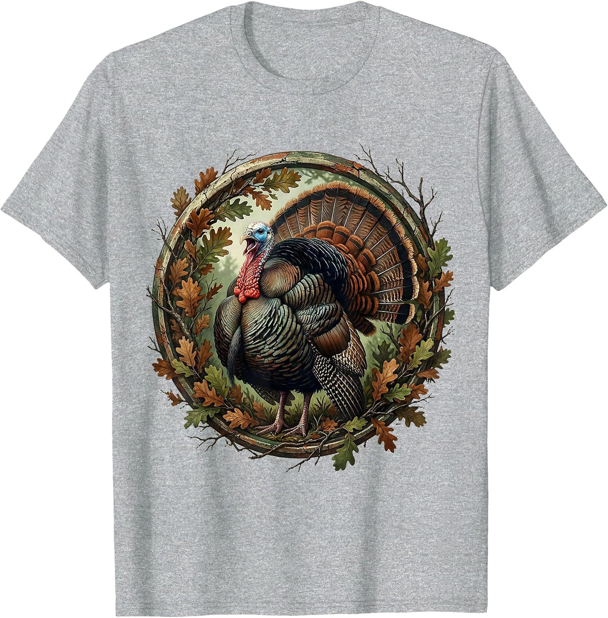 Men's Gobbling Turkey Camo Brush Hunting Design T-Shirt - Heather Grey