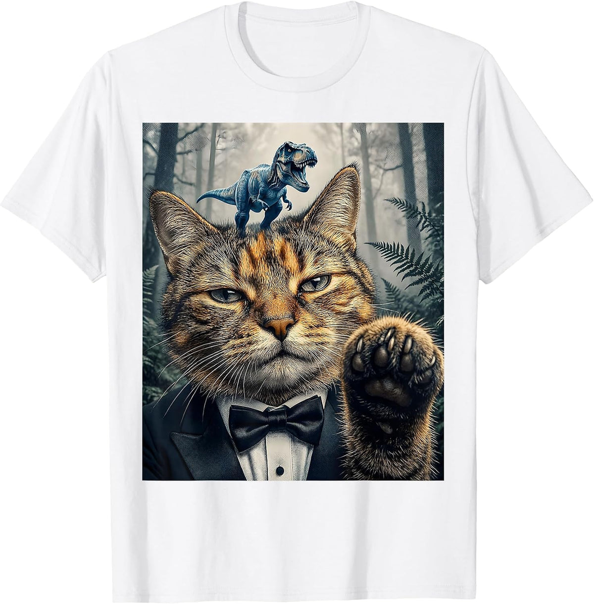 Men's Oversized Deadpan Tuxedo Cat T-Rex Selfie Funny Meme T-Shirt - White