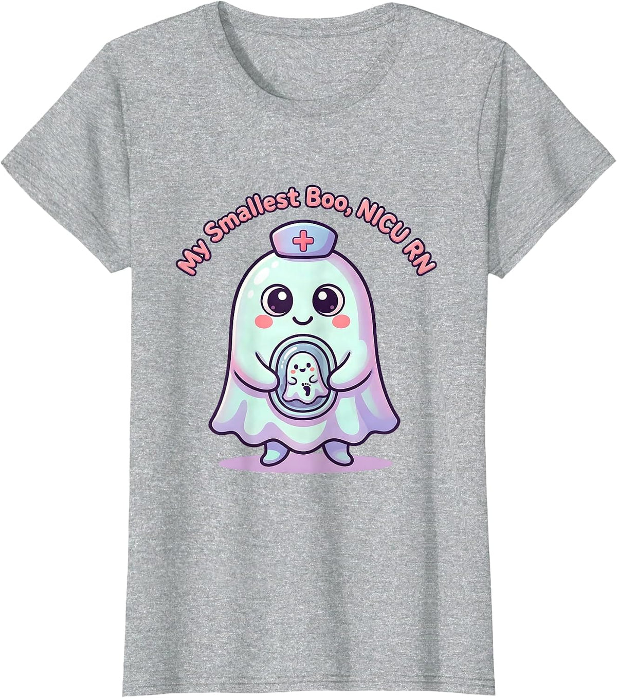 My Smallest Boo NICU RN Cute Kawaii Ghost Halloween Nurse T-Shirt - Heather Grey