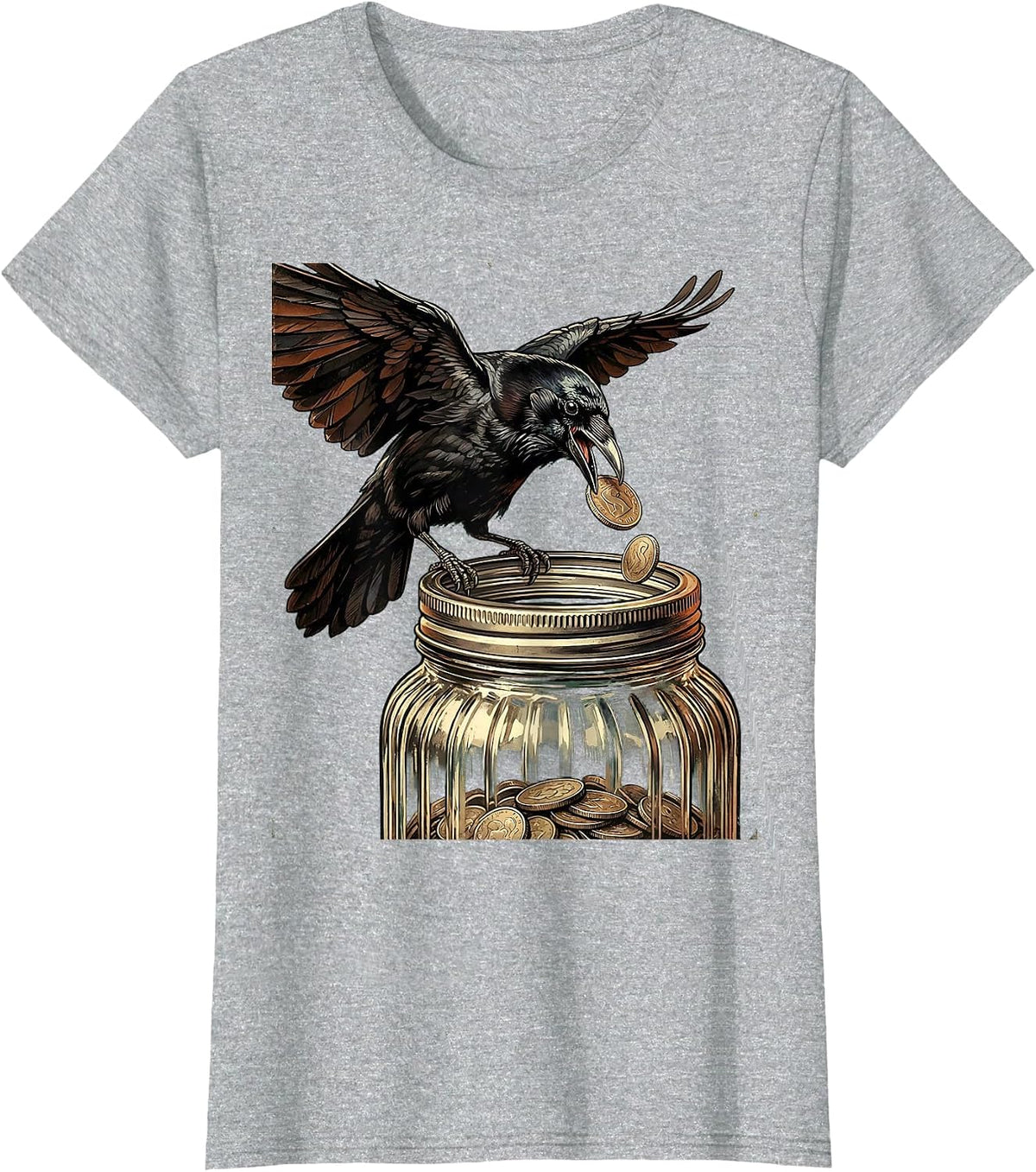 Women's Crow Dropping Coin Into Mason Jar Illustration T-Shirt - Heather Grey