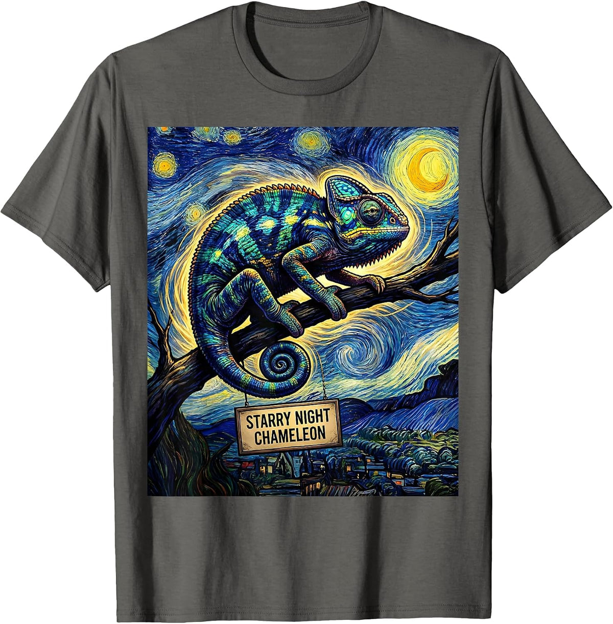 Men's Starry Night Chameleon Comic Book Van Gogh Art Lover T-Shirt - Asphalt Grey