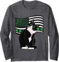 St. Saint Patrick's Day Tuxedo Cat USA Irish Flag Long Sleeve T-Shirt - Adult Unisex Dark Heather Grey