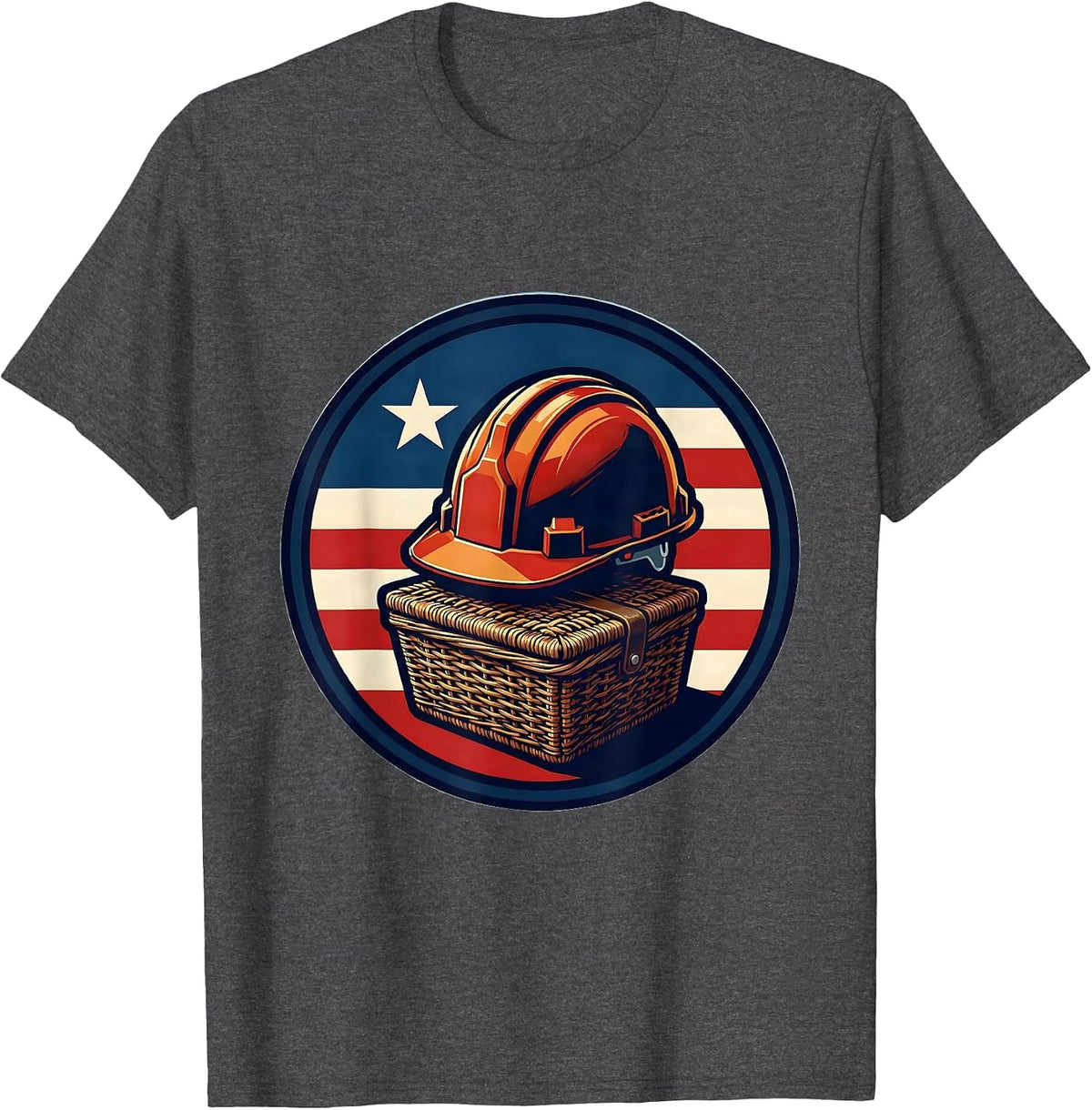 Men's Sealed Badge Hard Hat Picnic Basket Patriotic Labor Day T-Shirt - Dark Heather Grey