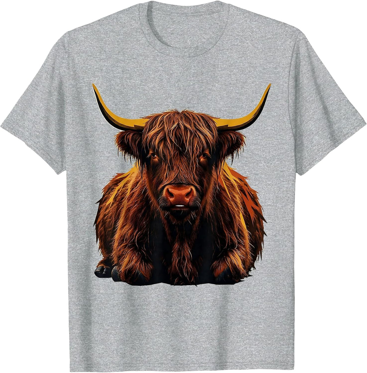 Men's Seated Highland Cow Screenprint Poster Cute Cow Lover T-Shirt - Heather Grey