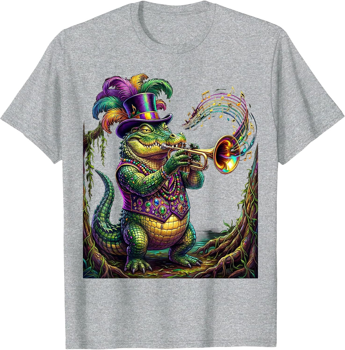 Men's Mardi Gras Jazz Crocodile Swamp Illustration T-Shirt - Heather Grey
