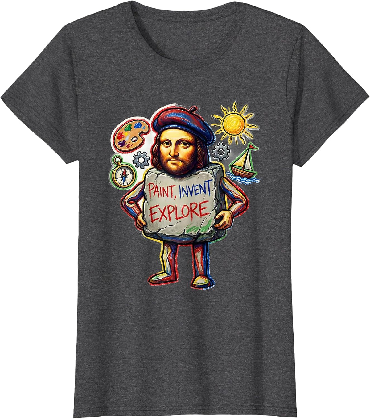 Women's Renaissance Men Paint Invent Explore Design T-Shirt - Dark Heather Grey