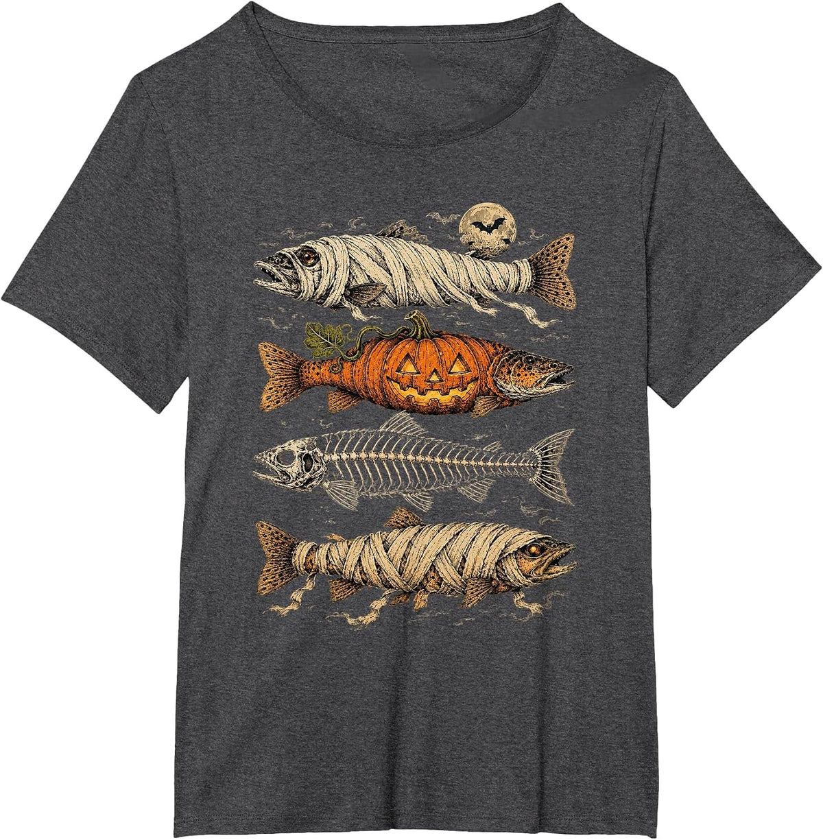 Halloween Fish Shirt Funny Trout Ghost Pumpkin Skeleton Mummy Fishing Tee T-Shirt - Dark Heather Grey