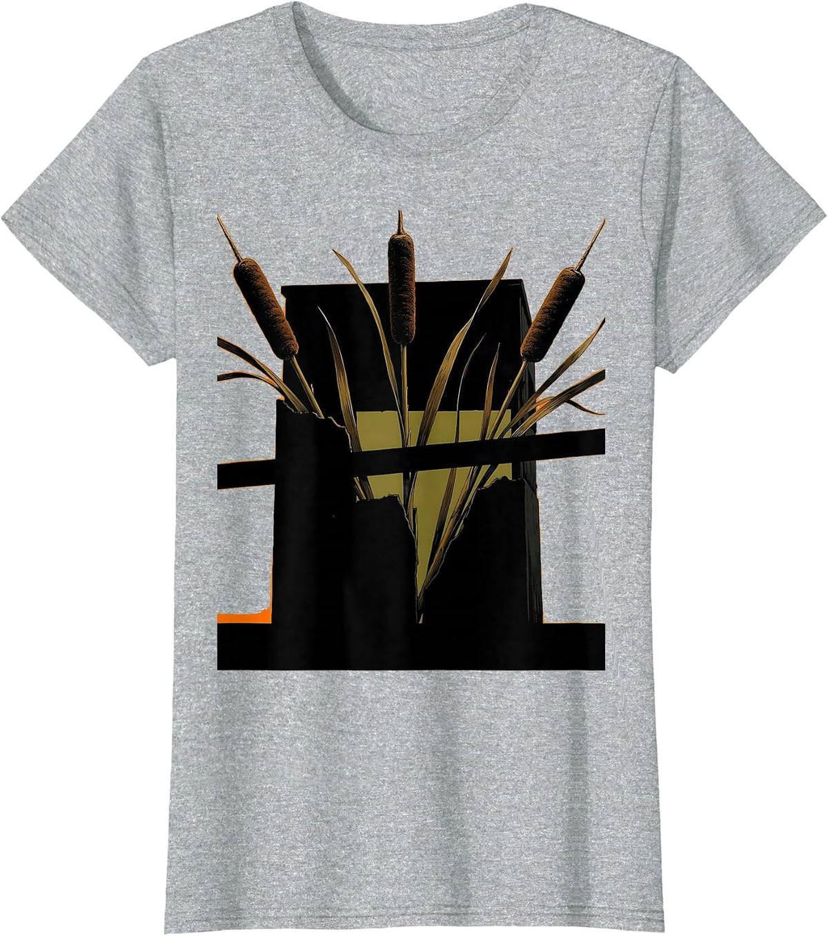 Camo Duck Blind Cattails and Reeds Illustration T-Shirt - Heather Grey