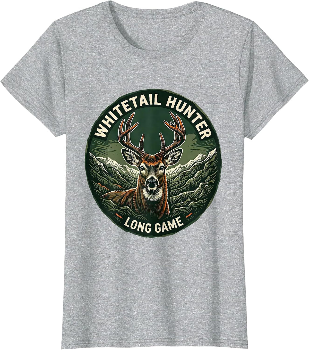 Women's Whitetail Hunter Long Game Linocut Camo Dad Hunting T-Shirt - Heather Grey