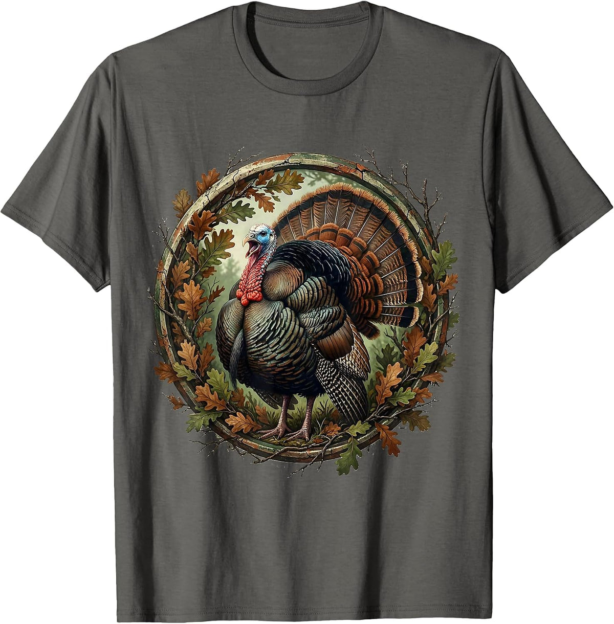 Men's Gobbling Turkey Camo Brush Hunting Design T-Shirt - Asphalt Grey