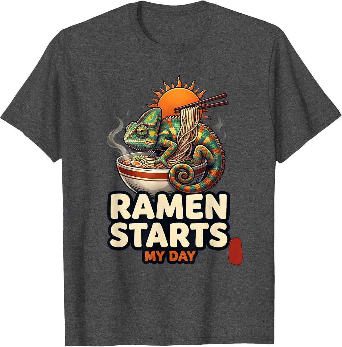 Ramen Starts My Day Funny Japanese Chameleon Anime Novelty T-Shirt - Dark Heather Grey