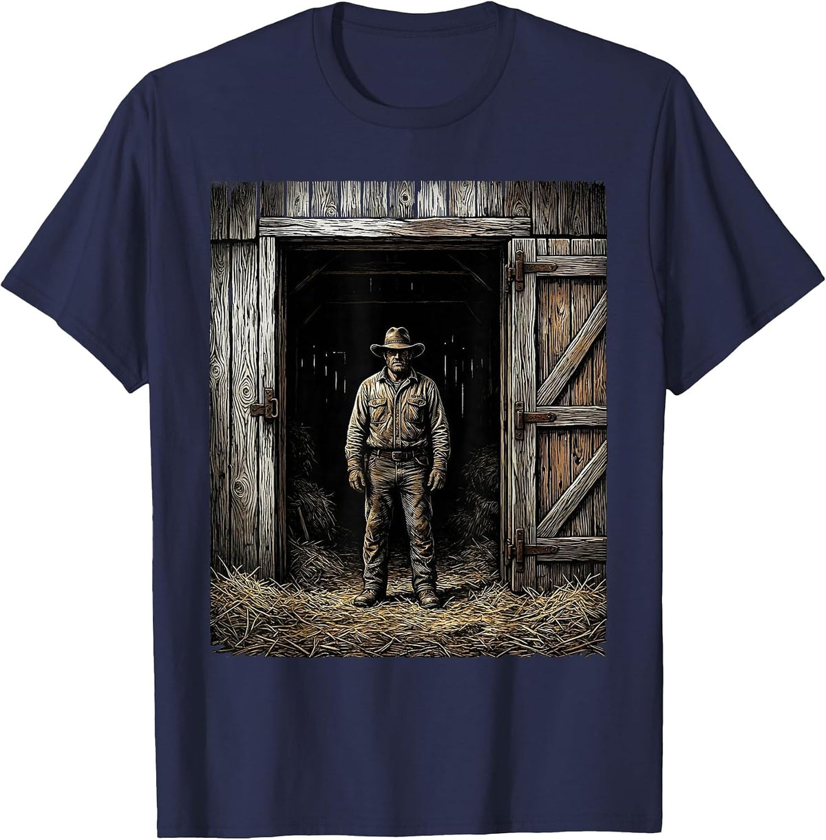 Men's Old Barn Doorway Country Life Illustration T-Shirt - Navy Blue
