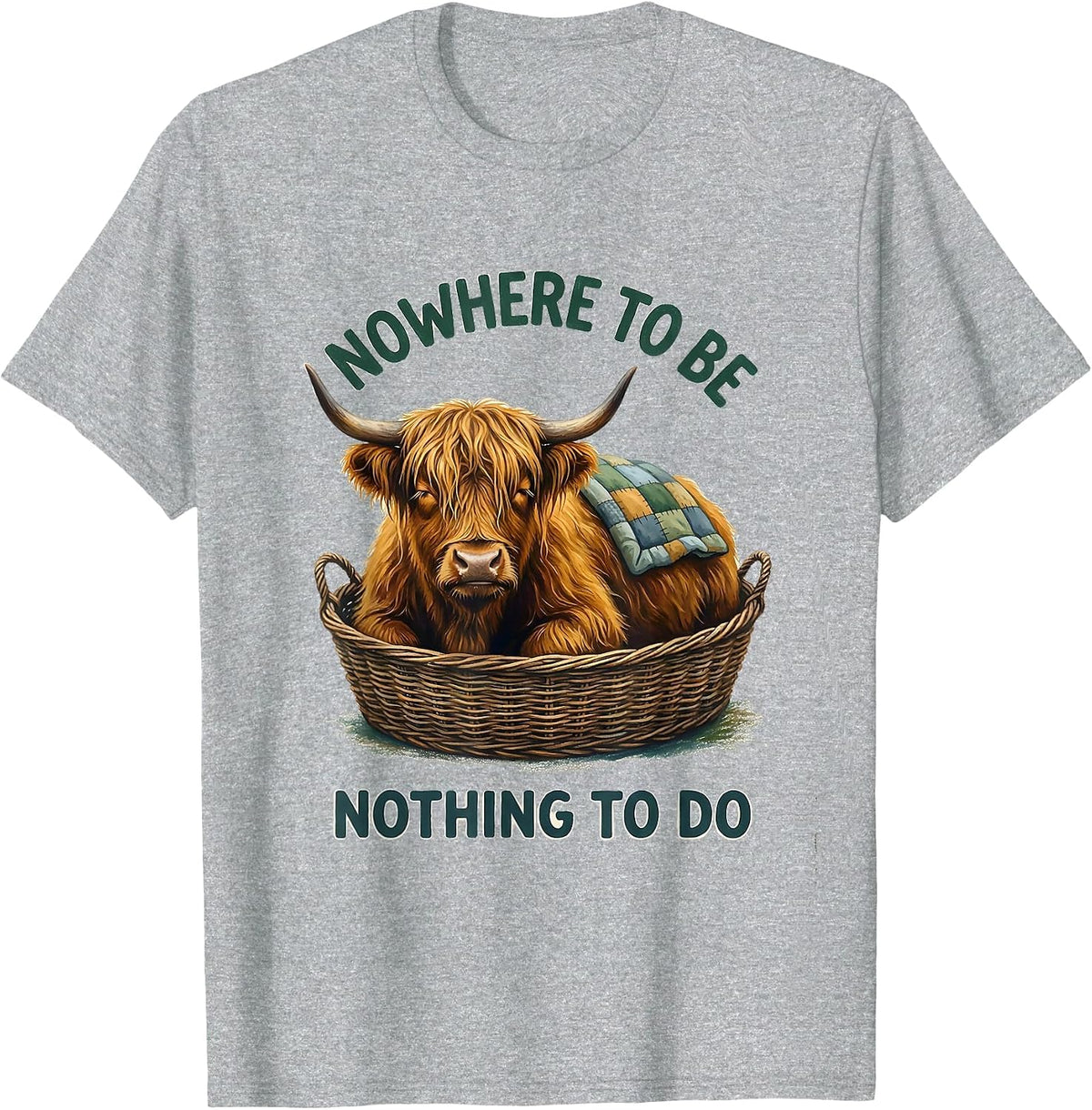 Men's Nowhere To Be, Nothing To Do Storybook Highland Cow Humor T-Shirt - Heather Grey