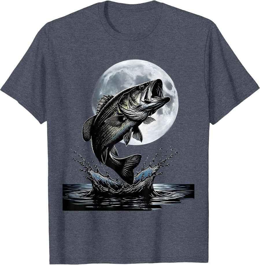 Bass Fishing Full Moon Night Graphic Tee T-Shirt - Heather Blue