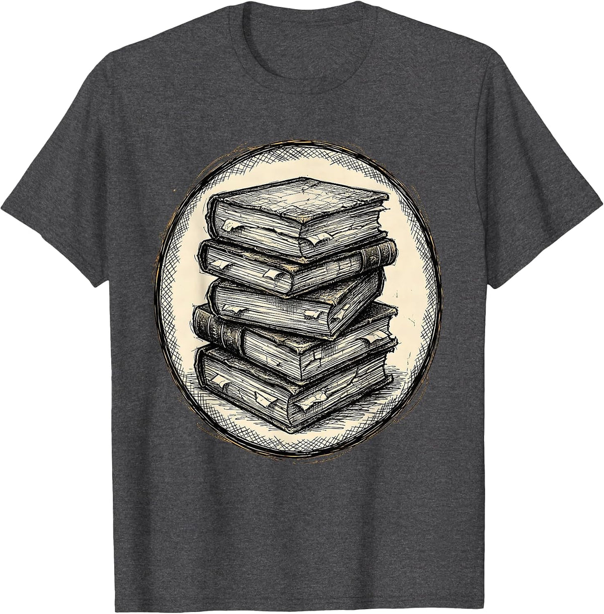 Worn Book Stack Illustration Bookish Design T-Shirt - Dark Heather Grey