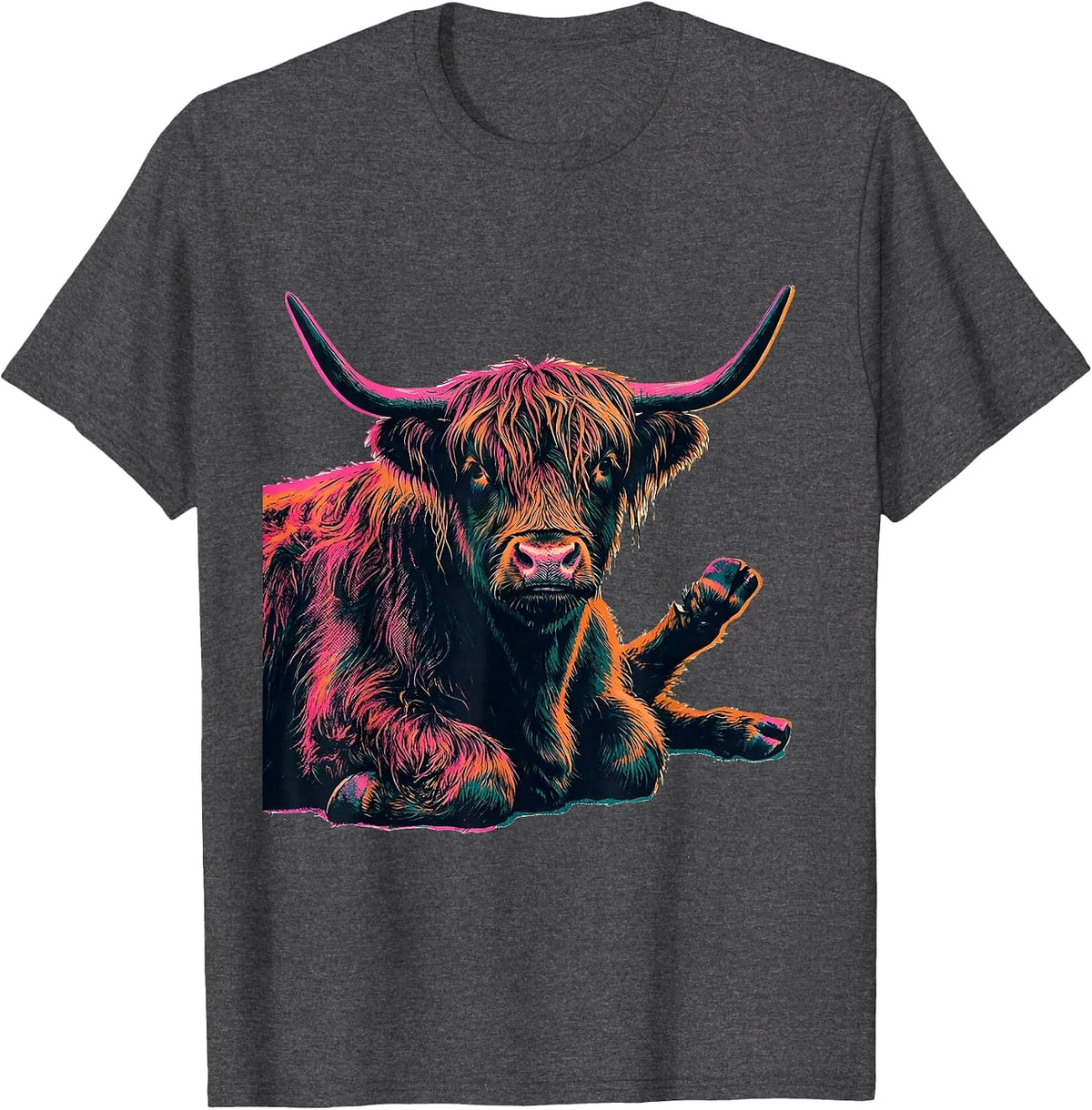 Highland Cow Risograph Farm Humor Novelty Gift T-Shirt - Dark Heather Grey