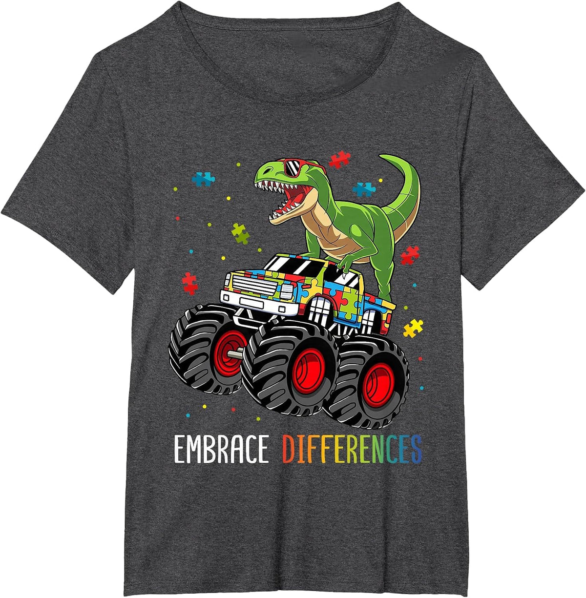 Autism Awareness T-Rex Monster Truck Embrace Differences T-Shirt - Dark Heather Grey