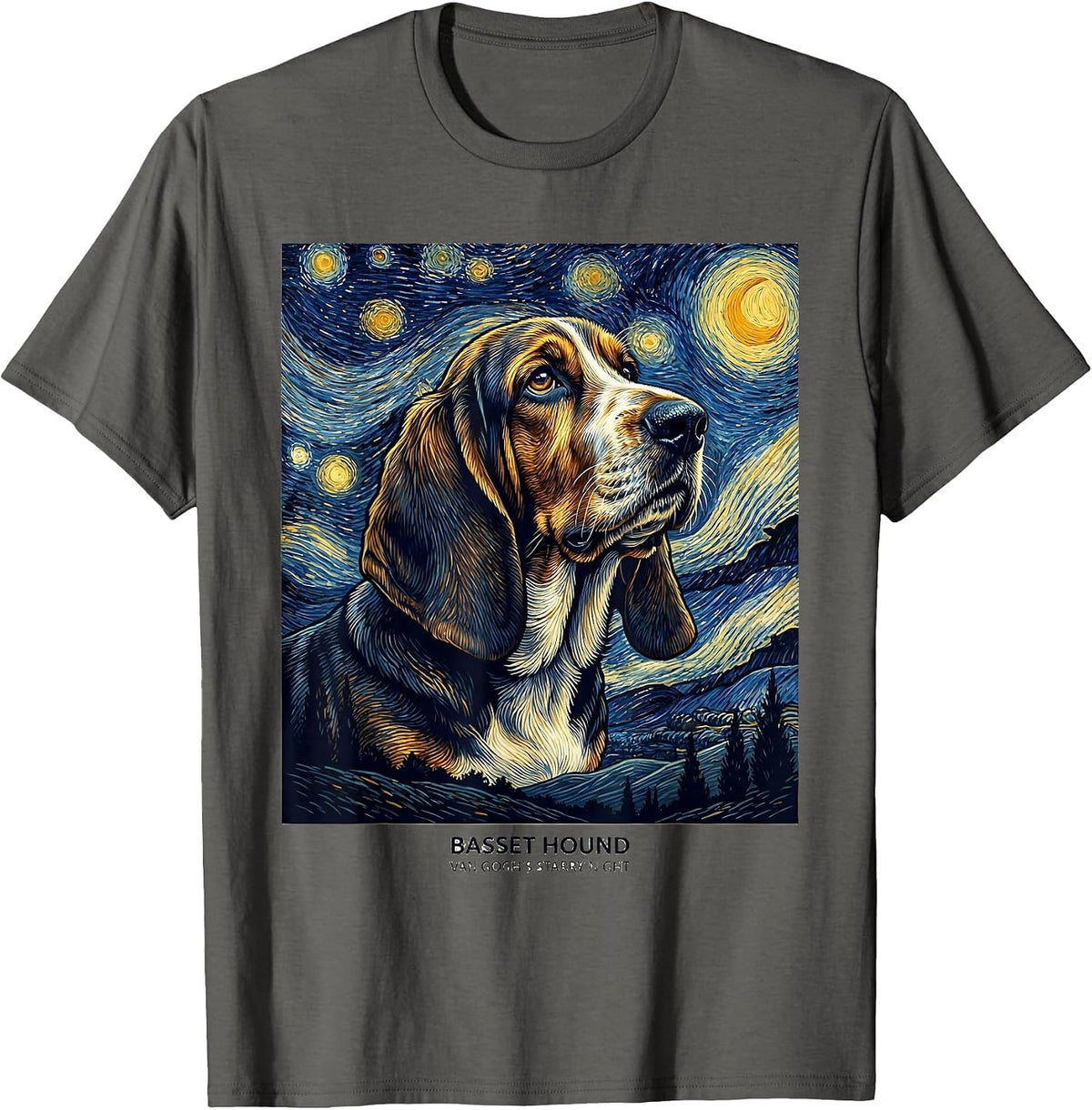 Men's Basset Hound Van Gogh's Starry Night Art Portrait Dog Lover T-Shirt - Asphalt Grey