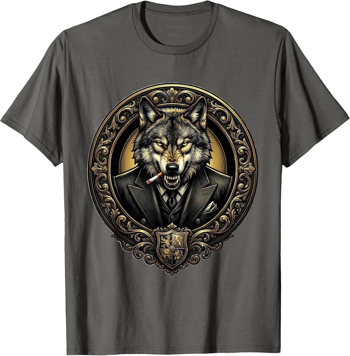 Men's Italian Brainrot Wolf in Designer Suit Smoking T-Shirt - Asphalt Grey