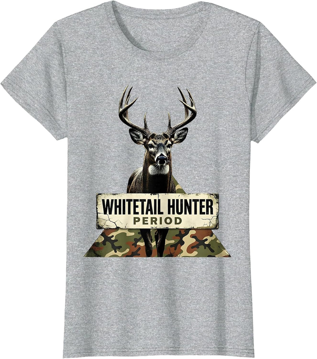 Whitetail Hunter, Period Distressed Camo Dad Hunting Humor T-Shirt - Heather Grey